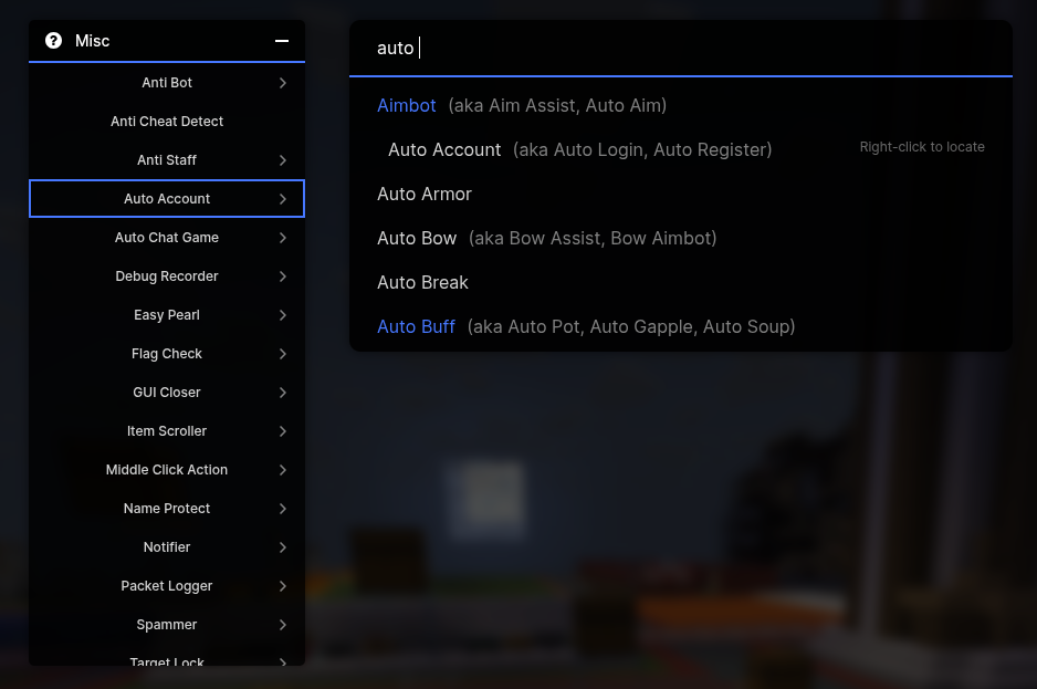 ClickGUI Search and Panels