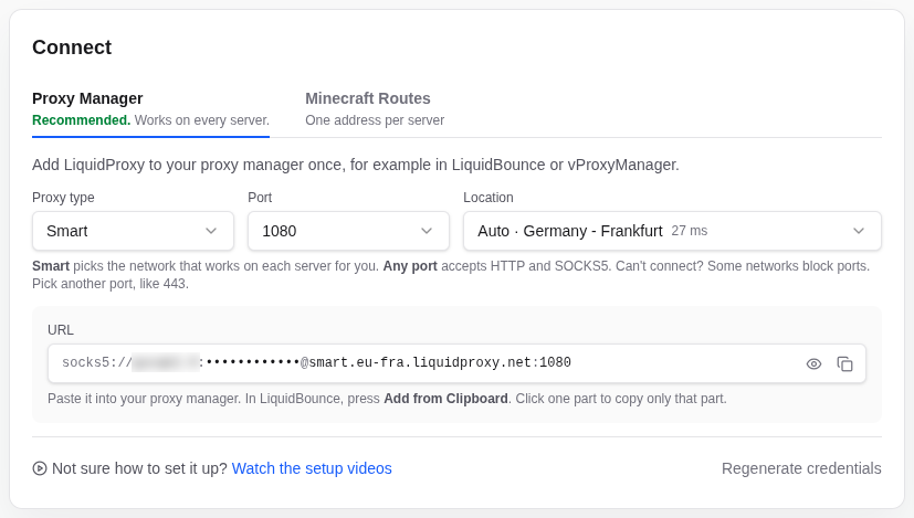 Proxy Manager tab of the Connect card